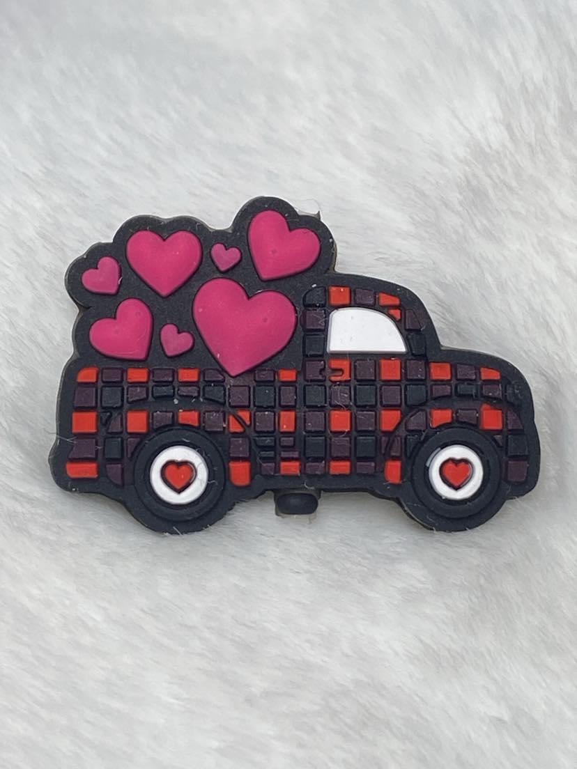 Valentines Day plaid truck with pink hearts