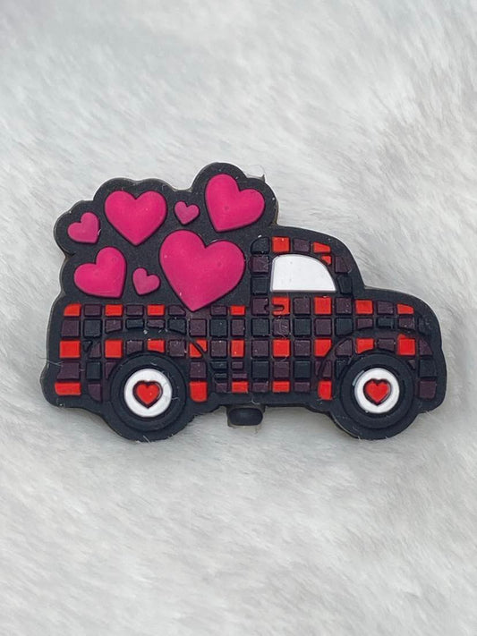 Valentines Day plaid truck with pink hearts