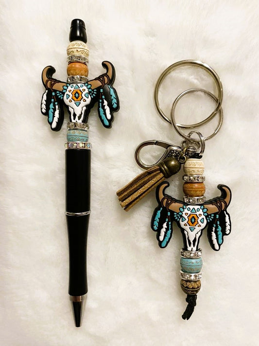 Bull head with feathers pen and keychain set